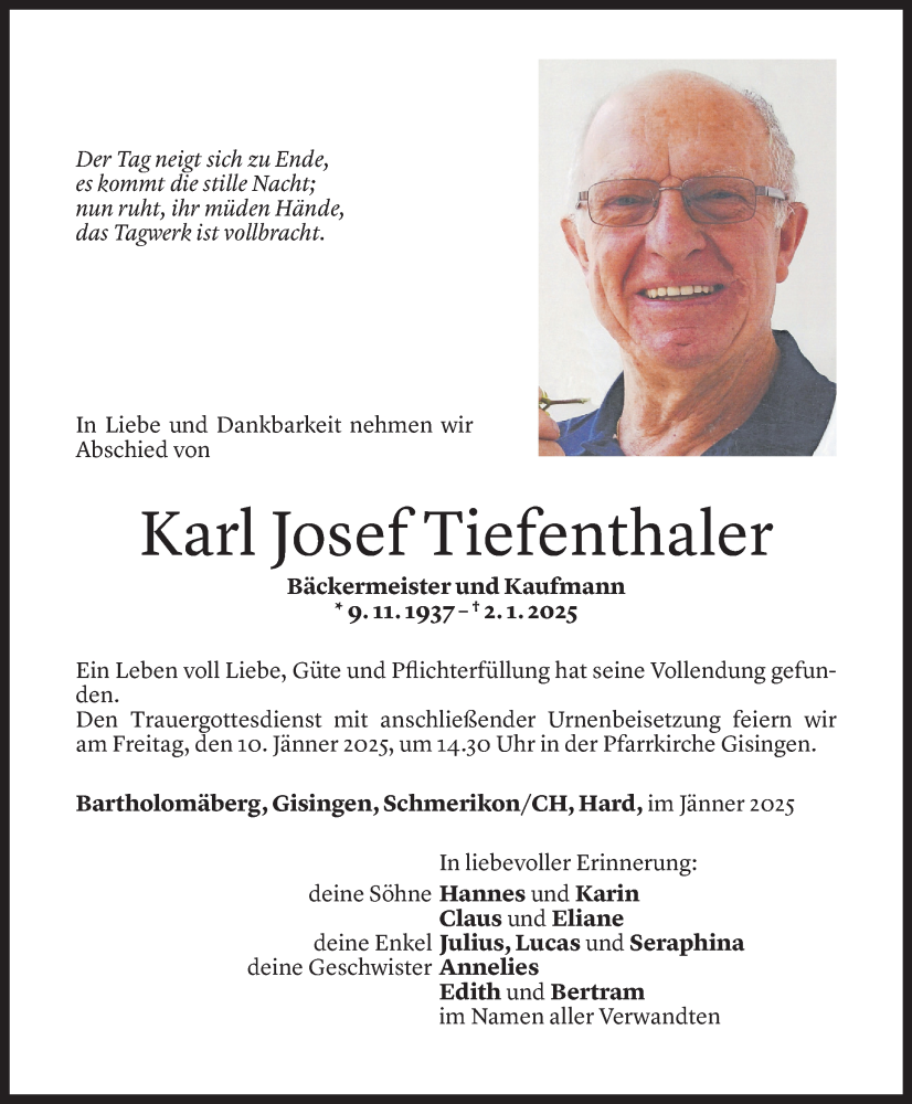  Todesanzeige für Karl Josef Tiefenthaler vom 07.01.2025 aus Vorarlberger Nachrichten