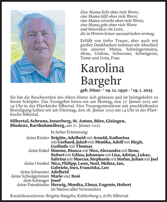 Todesanzeige von Karolina Bargehr von Vorarlberger Nachrichten