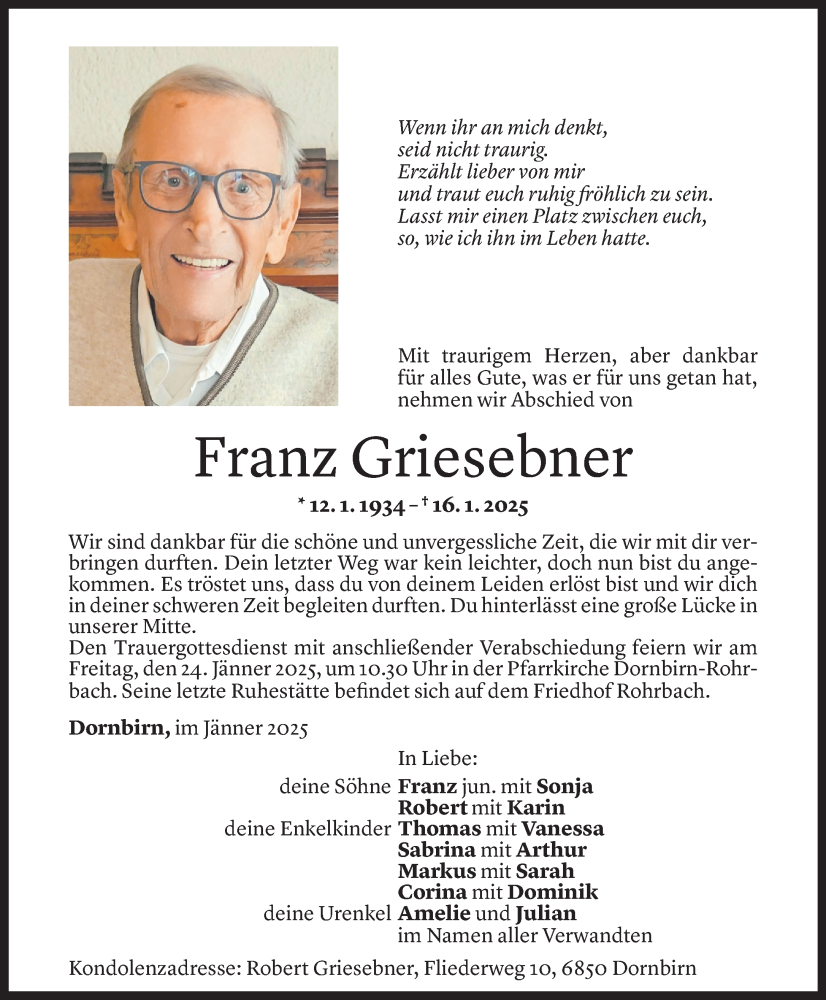  Todesanzeige für Franz Griesebner vom 21.01.2025 aus Vorarlberger Nachrichten