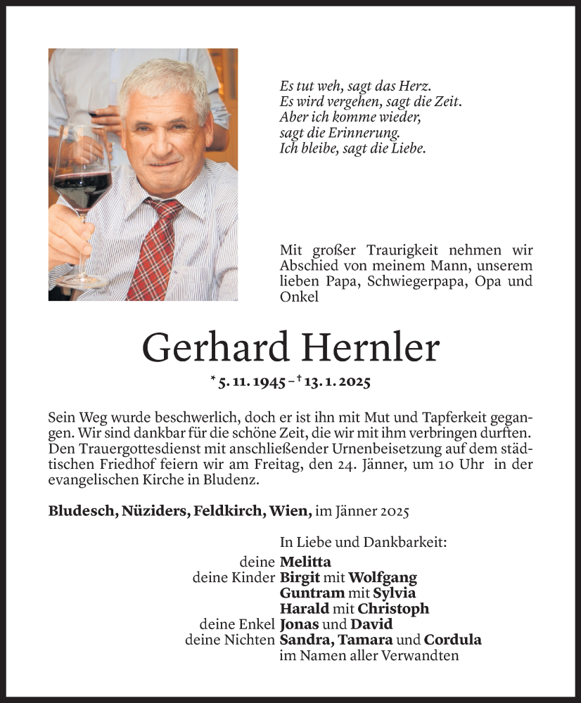  Todesanzeige für Gerhard Hernler vom 21.01.2025 aus Vorarlberger Nachrichten