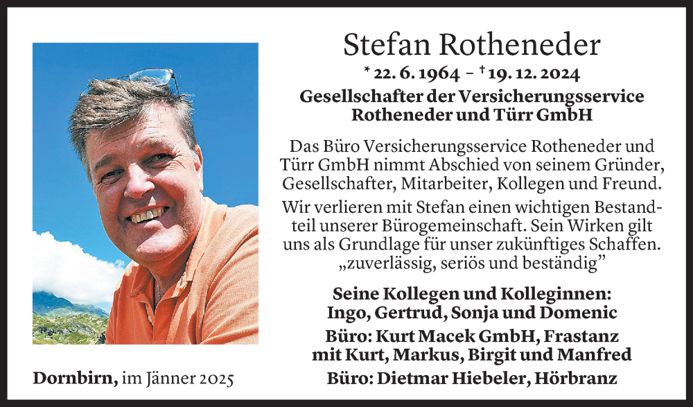  Todesanzeige für Stefan Rotheneder vom 22.01.2025 aus Vorarlberger Nachrichten