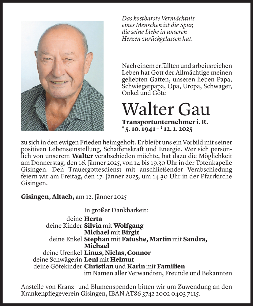  Todesanzeige für Walter Gau vom 14.01.2025 aus Vorarlberger Nachrichten