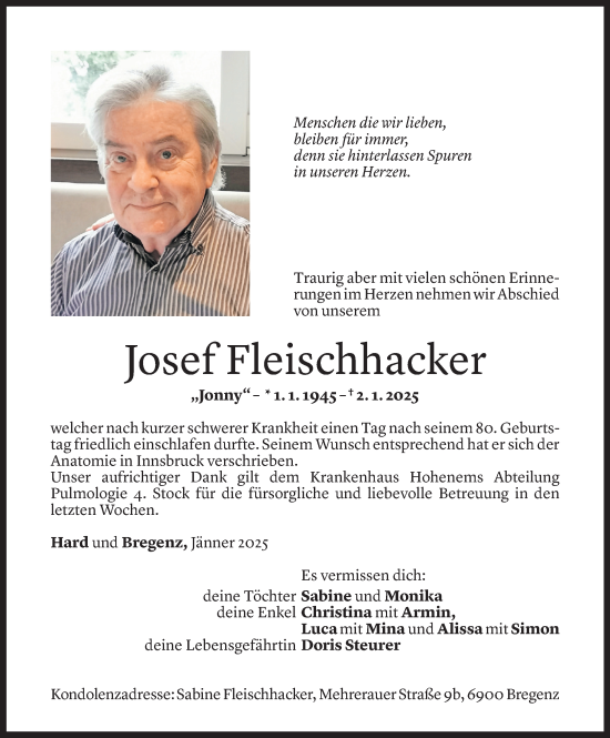 Todesanzeige von Josef Fleischhacker von Vorarlberger Nachrichten