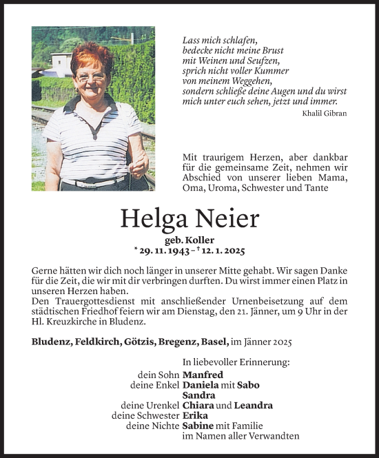 Todesanzeige von Helga Neier von Vorarlberger Nachrichten