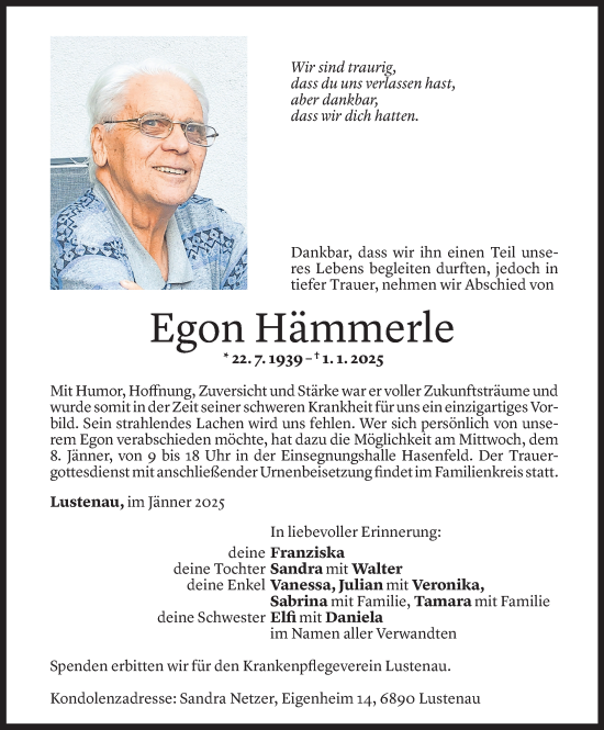 Todesanzeige von Egon Hämmerle von Vorarlberger Nachrichten