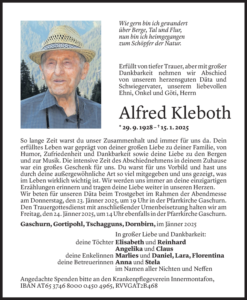  Todesanzeige für Alfred Kleboth vom 17.01.2025 aus Vorarlberger Nachrichten