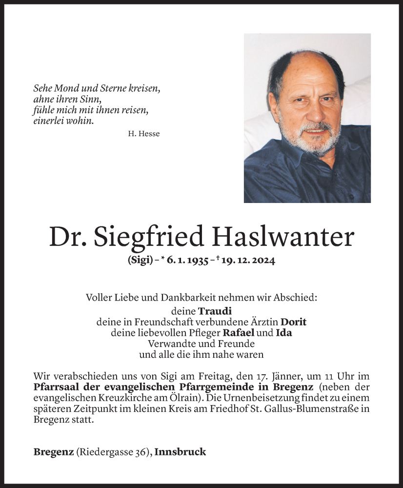  Todesanzeige für Siegfried Haslwanter vom 08.01.2025 aus Vorarlberger Nachrichten