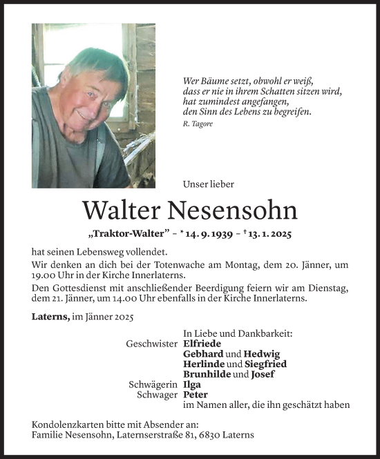 Todesanzeige von Walter Nesensohn von Vorarlberger Nachrichten