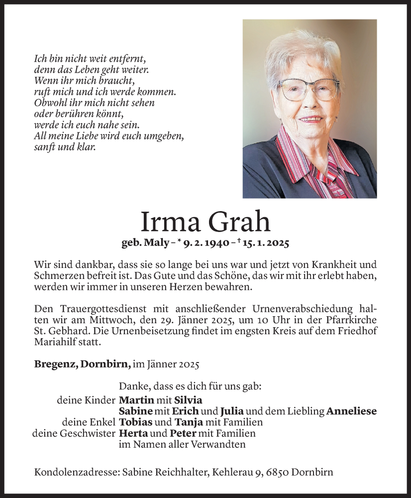  Todesanzeige für Irma Grah vom 22.01.2025 aus Vorarlberger Nachrichten