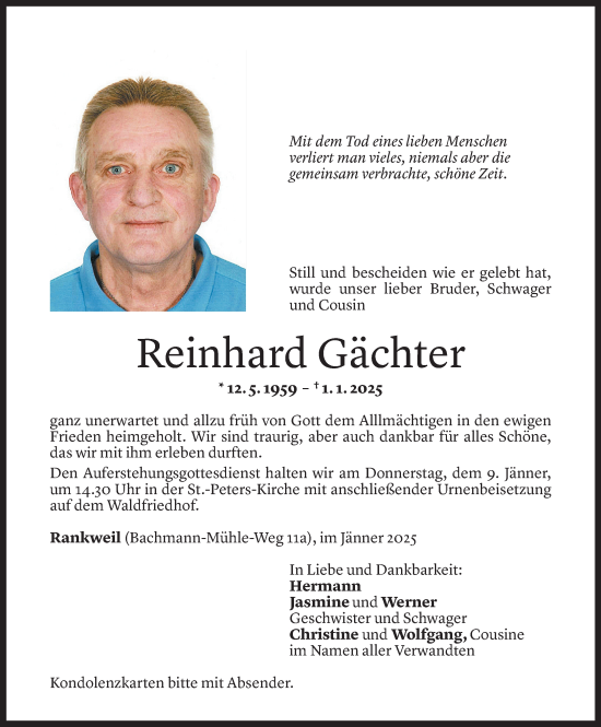 Todesanzeige von Reinhard Gächter von Vorarlberger Nachrichten