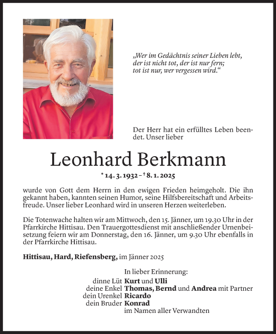 Todesanzeige von Leonhard Berkmann von Vorarlberger Nachrichten