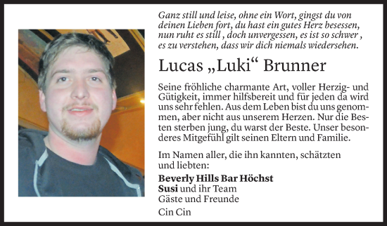 Todesanzeige von Lucas Brunner von Vorarlberger Nachrichten