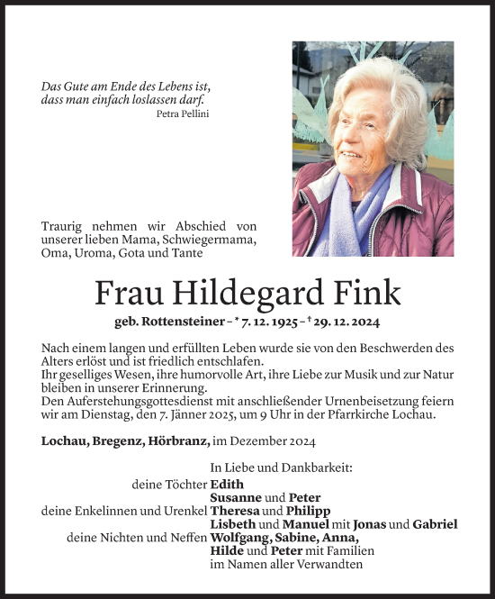 Todesanzeige von Hildegard Fink von Vorarlberger Nachrichten