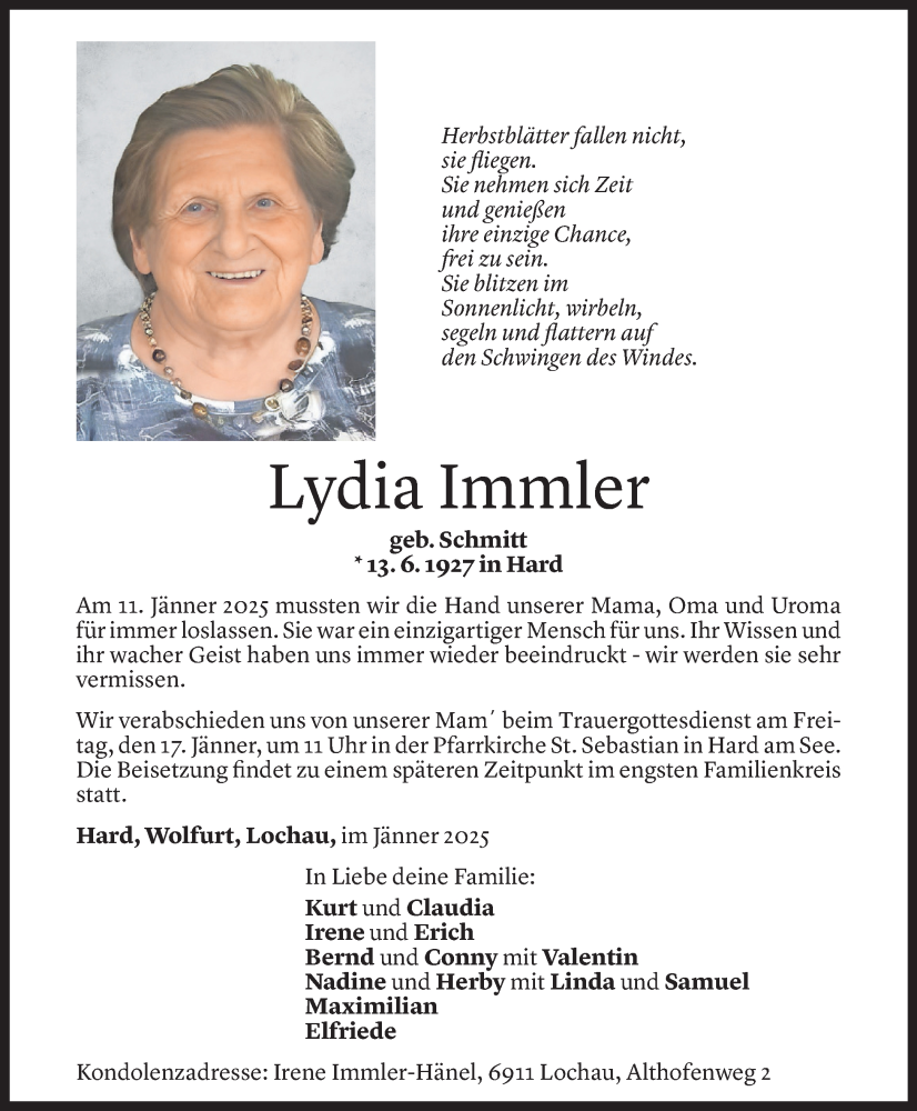  Todesanzeige für Lydia Immler vom 14.01.2025 aus Vorarlberger Nachrichten