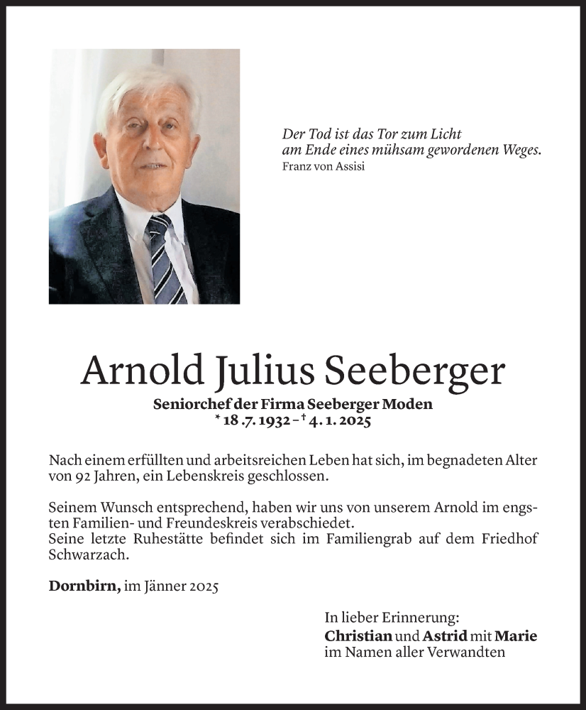  Todesanzeige für Arnold Julius Seeberger vom 11.01.2025 aus Vorarlberger Nachrichten