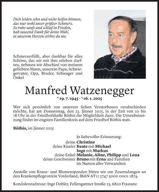 Todesanzeige von Manfred Watzenegger von Vorarlberger Nachrichten