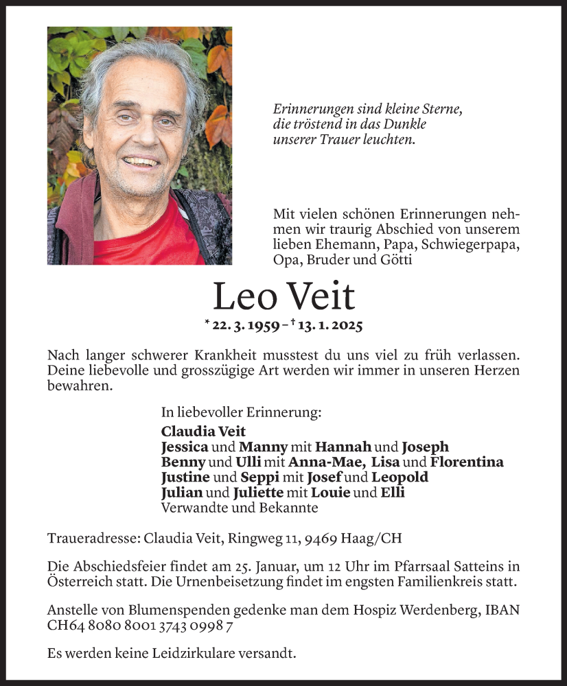  Todesanzeige für Leo Veit vom 17.01.2025 aus Vorarlberger Nachrichten