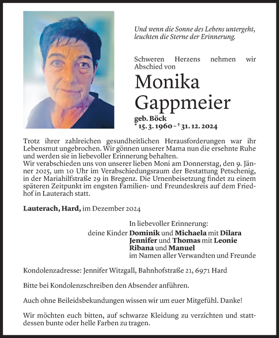 Todesanzeige von Monika Gappmeier von Vorarlberger Nachrichten