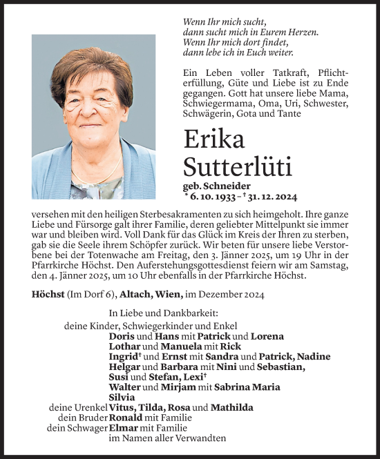 Todesanzeige von Erika Sutterlüti von Vorarlberger Nachrichten