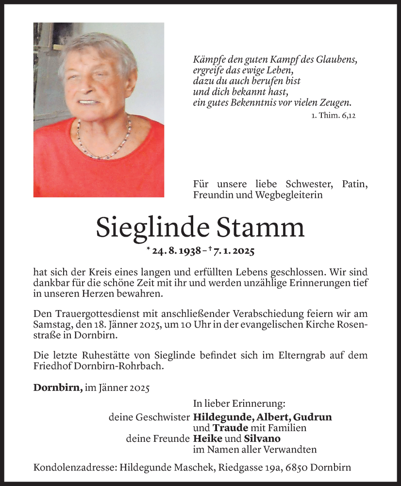  Todesanzeige für Sieglinde Stamm vom 13.01.2025 aus Vorarlberger Nachrichten