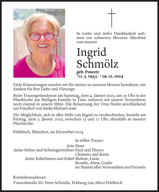 Todesanzeige von Ingrid Schmölz von Vorarlberger Nachrichten