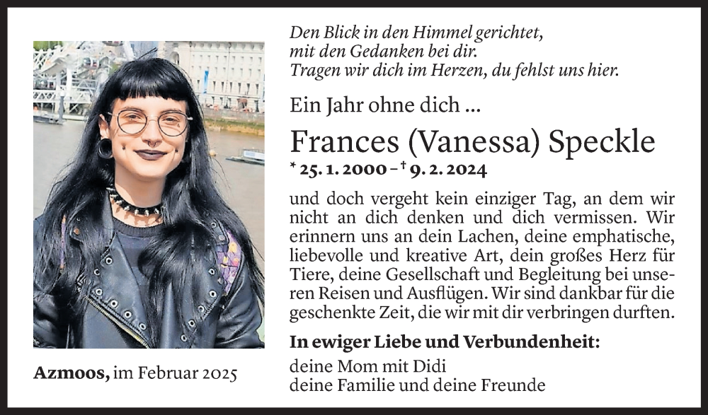  Todesanzeige für Frances Speckle vom 08.02.2025 aus Vorarlberger Nachrichten