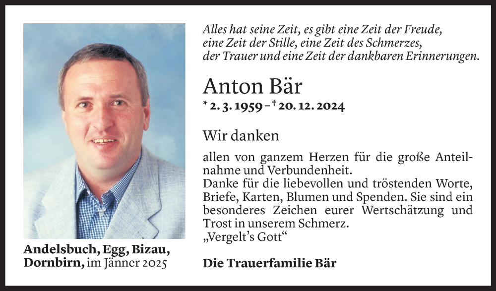  Todesanzeige für Anton Bär vom 10.01.2025 aus Vorarlberger Nachrichten