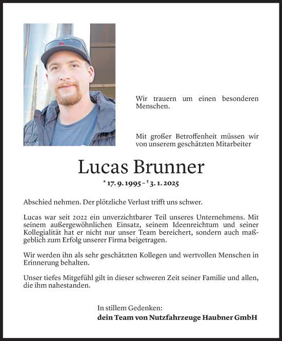 Todesanzeige von Lucas Brunner von Vorarlberger Nachrichten