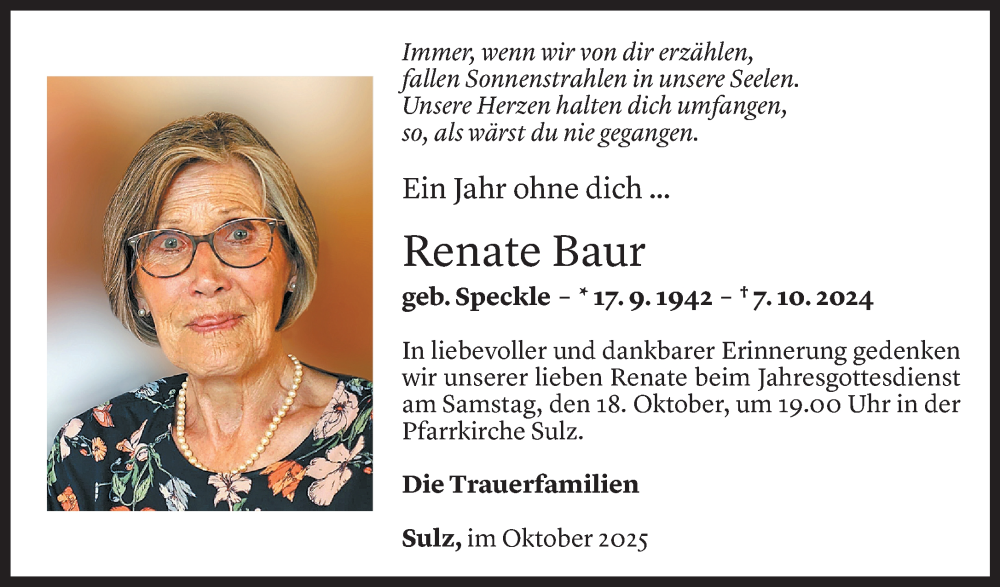  Todesanzeige für Renate Baur vom 14.10.2025 aus Vorarlberger Nachrichten