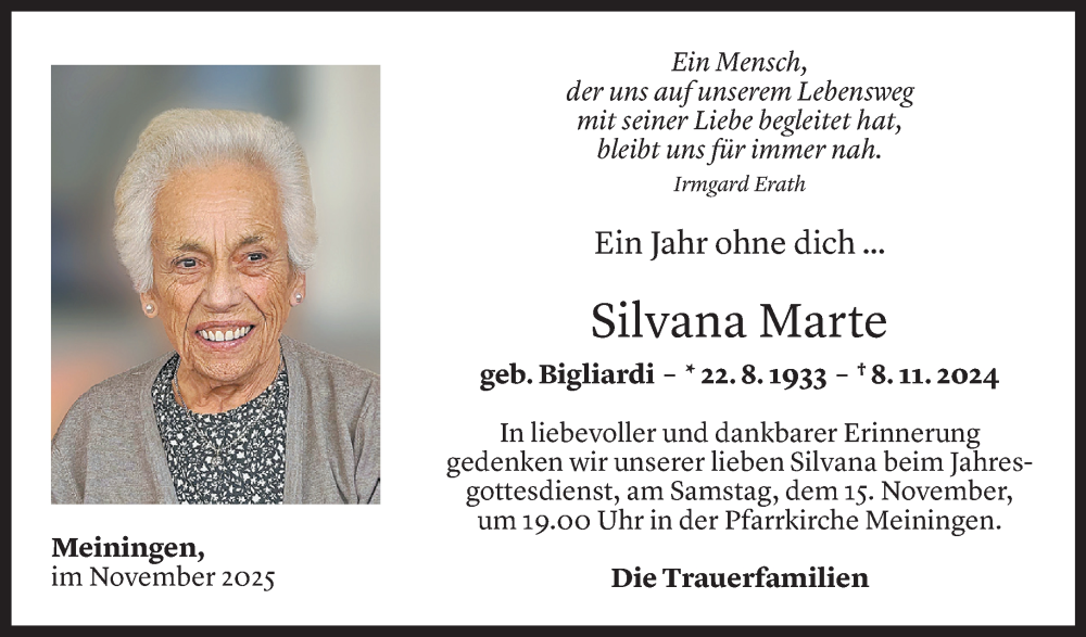  Todesanzeige für Silvana Marte vom 07.11.2025 aus Vorarlberger Nachrichten
