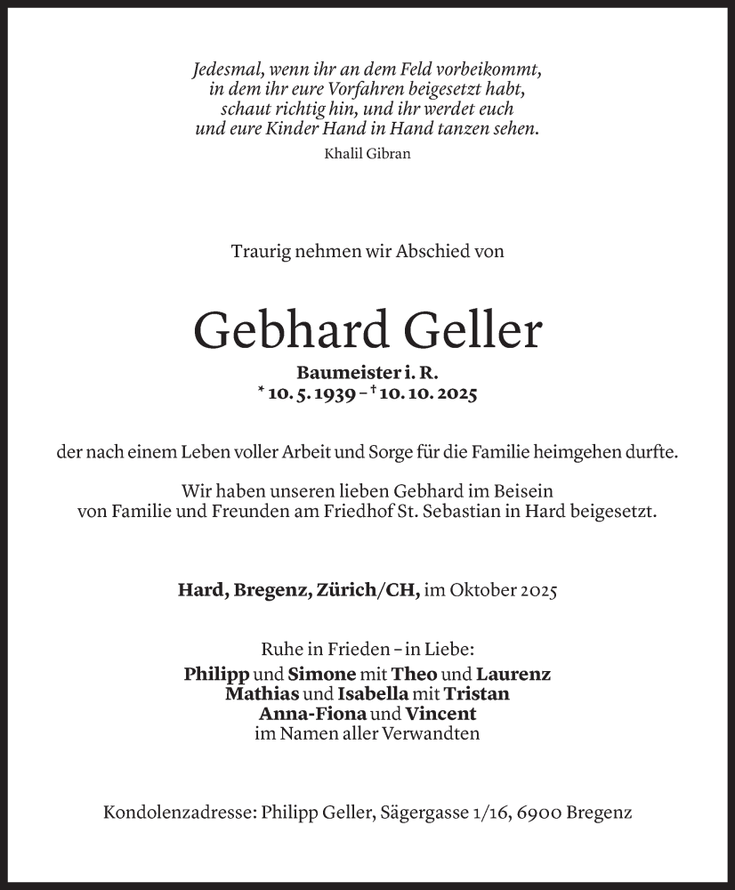  Todesanzeige für Gebhard Geller vom 18.10.2025 aus Vorarlberger Nachrichten