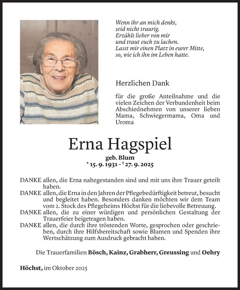  Todesanzeige für Erna Hagspiel vom 07.10.2025 aus Vorarlberger Nachrichten