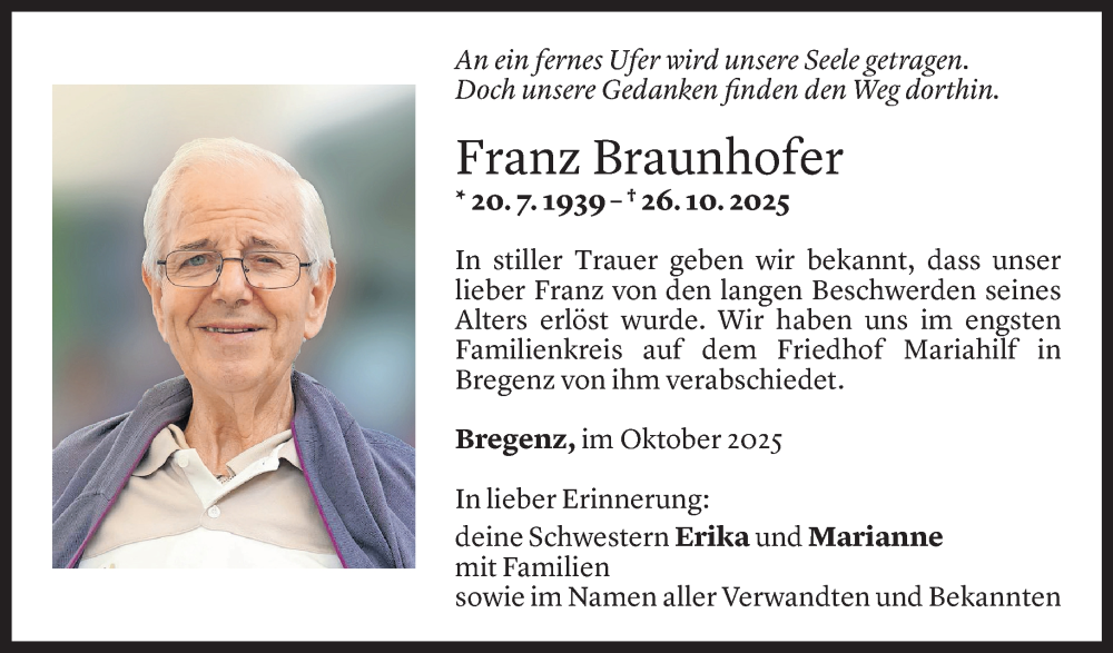  Todesanzeige für Franz Braunhofer vom 04.11.2025 aus Vorarlberger Nachrichten