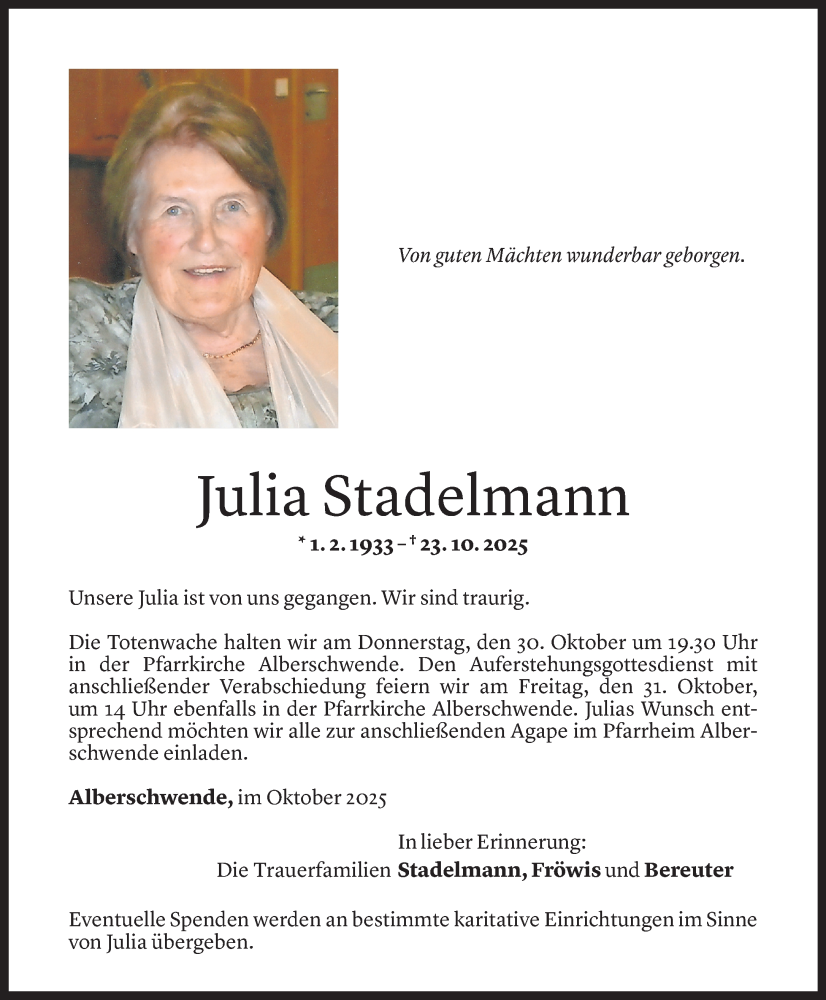  Todesanzeige für Julia Stadelmann vom 27.10.2025 aus Vorarlberger Nachrichten