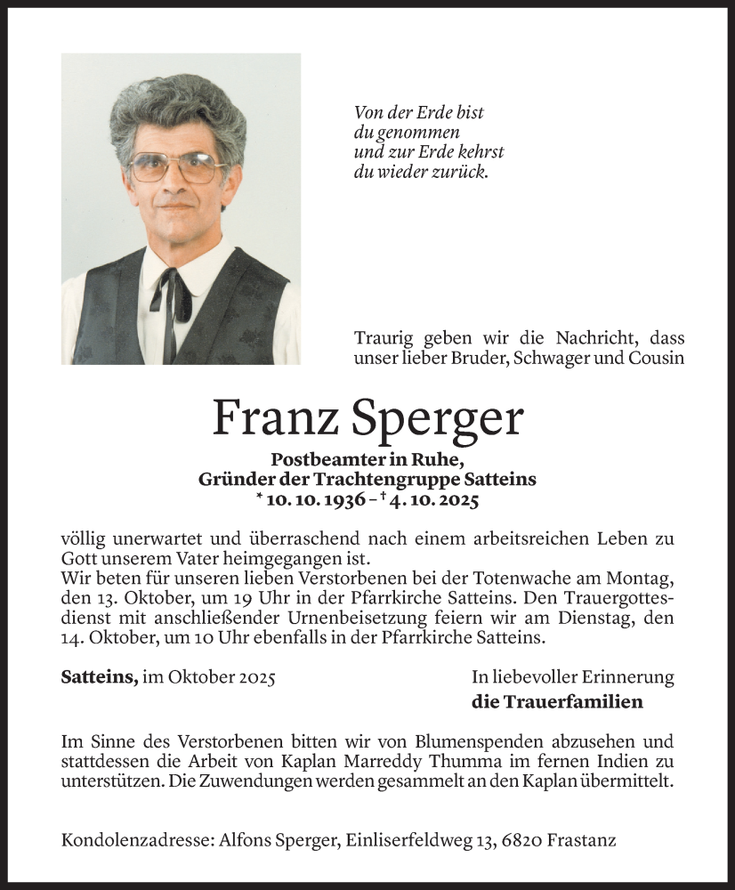  Todesanzeige für Franz Sperger vom 08.10.2025 aus Vorarlberger Nachrichten