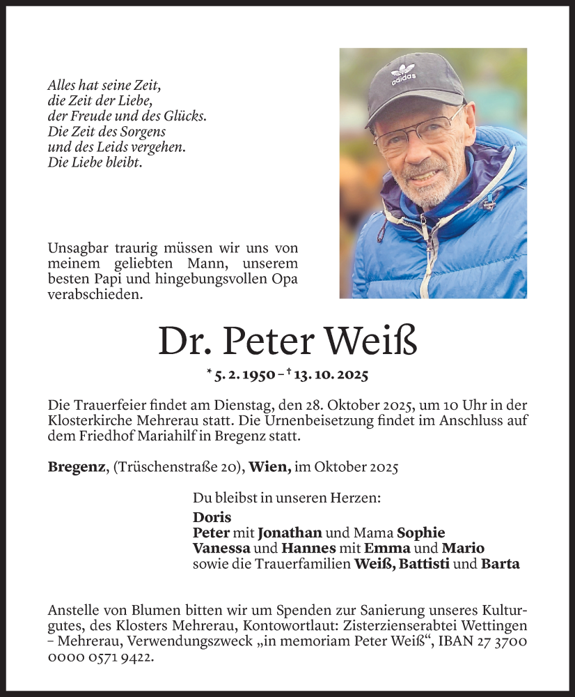  Todesanzeige für Peter Weiß vom 23.10.2025 aus Vorarlberger Nachrichten