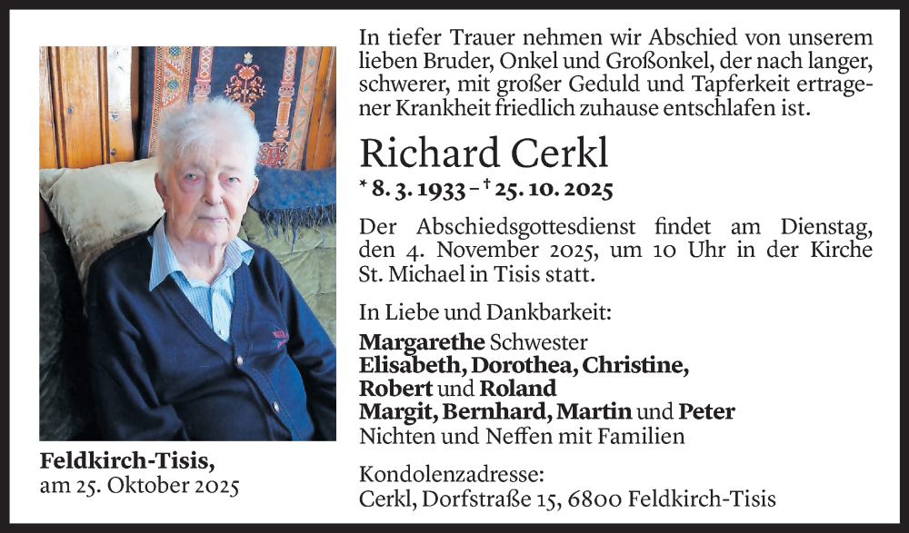  Todesanzeige für Richard Cerkl vom 30.10.2025 aus Vorarlberger Nachrichten