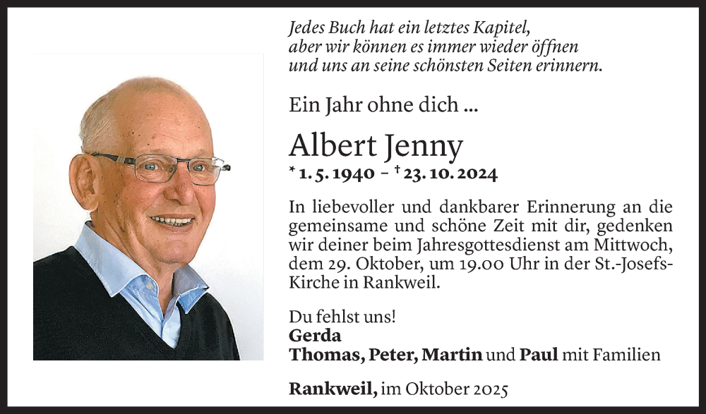  Todesanzeige für Albert Jenny vom 22.10.2025 aus Vorarlberger Nachrichten