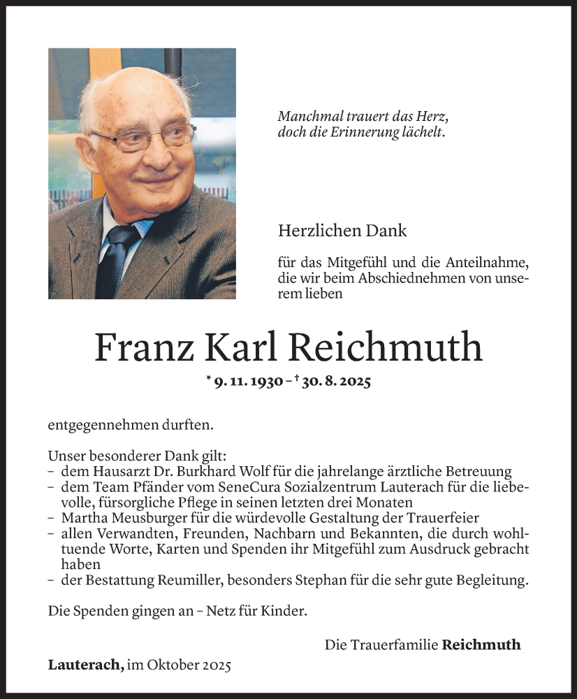  Todesanzeige für Franz Karl Reichmuth vom 03.10.2025 aus Vorarlberger Nachrichten