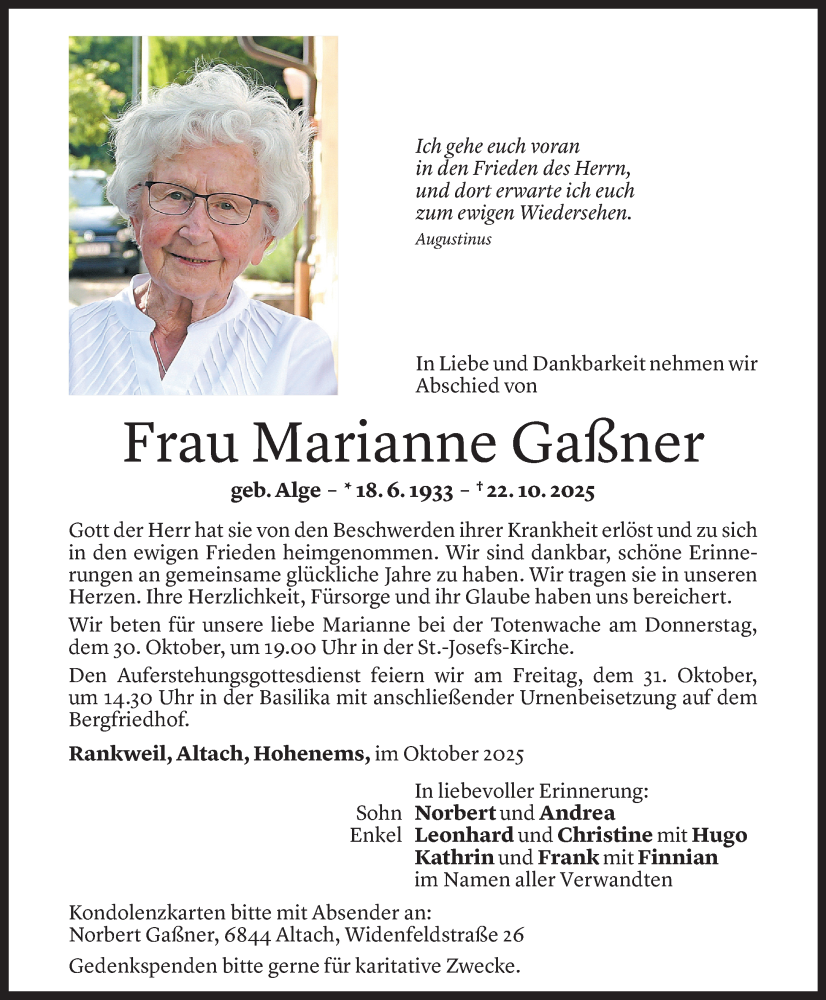  Todesanzeige für Marianne Gaßner vom 27.10.2025 aus Vorarlberger Nachrichten