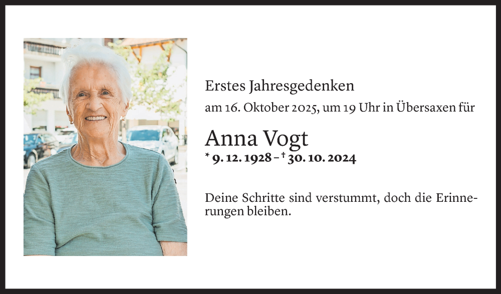  Todesanzeige für Anna Vogt vom 14.10.2025 aus Vorarlberger Nachrichten