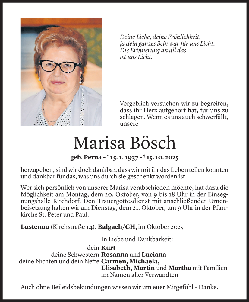  Todesanzeige für Marisa Bösch vom 17.10.2025 aus Vorarlberger Nachrichten