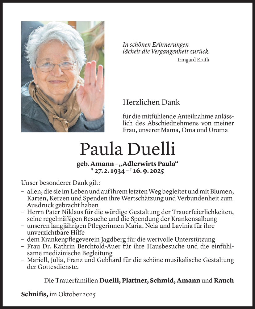  Todesanzeige für Paula Duelli vom 25.10.2025 aus Vorarlberger Nachrichten