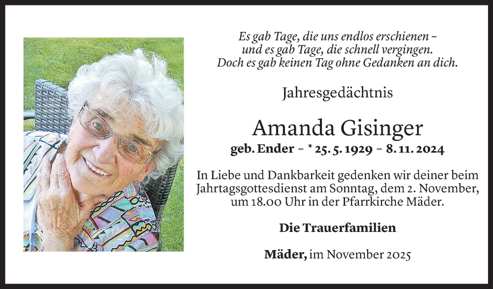  Todesanzeige für Amanda Gisinger vom 29.10.2025 aus Vorarlberger Nachrichten