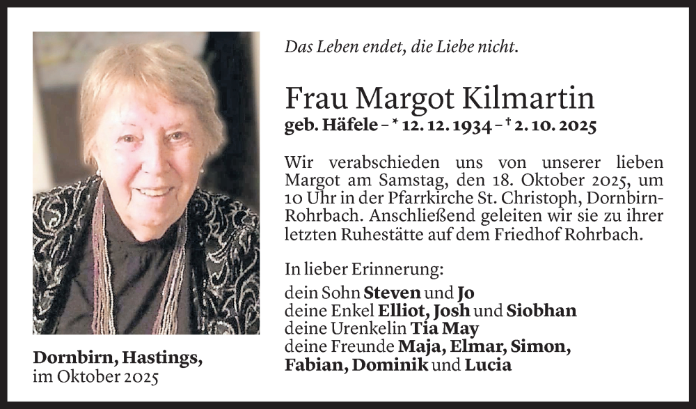  Todesanzeige für Margot Kilmartin vom 14.10.2025 aus Vorarlberger Nachrichten