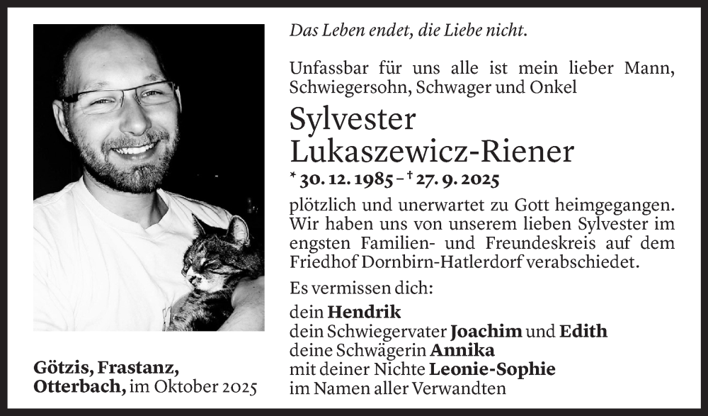  Todesanzeige für Sylvester Lukaszewicz-Riener vom 11.10.2025 aus Vorarlberger Nachrichten