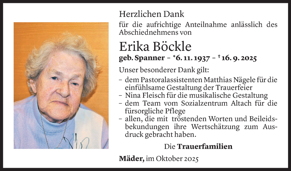  Todesanzeige für Erika Böckle vom 09.10.2025 aus Vorarlberger nachrichten