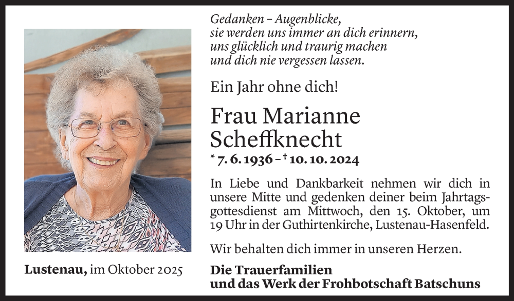  Todesanzeige für Marianne Scheffknecht vom 09.10.2025 aus Vorarlberger Nachrichten