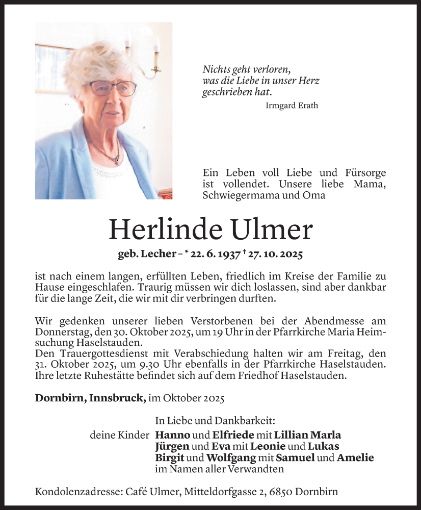  Todesanzeige für Herlinde Ulmer vom 29.10.2025 aus Vorarlberger Nachrichten