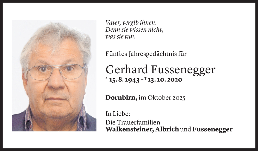  Todesanzeige für Gerhard Fussenegger vom 13.10.2025 aus Vorarlberger Nachrichten